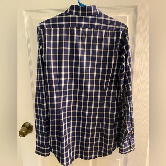Express Men’s Performance Stretch Button Down, Size S, Navy/White Plaid - Picture 3 of 4